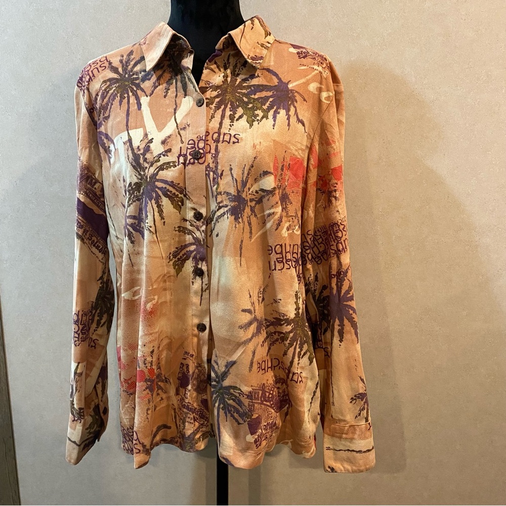 Caribbean Joe Button-Up Shirt Womens Large  Microsuede Polyester Spandex Brown